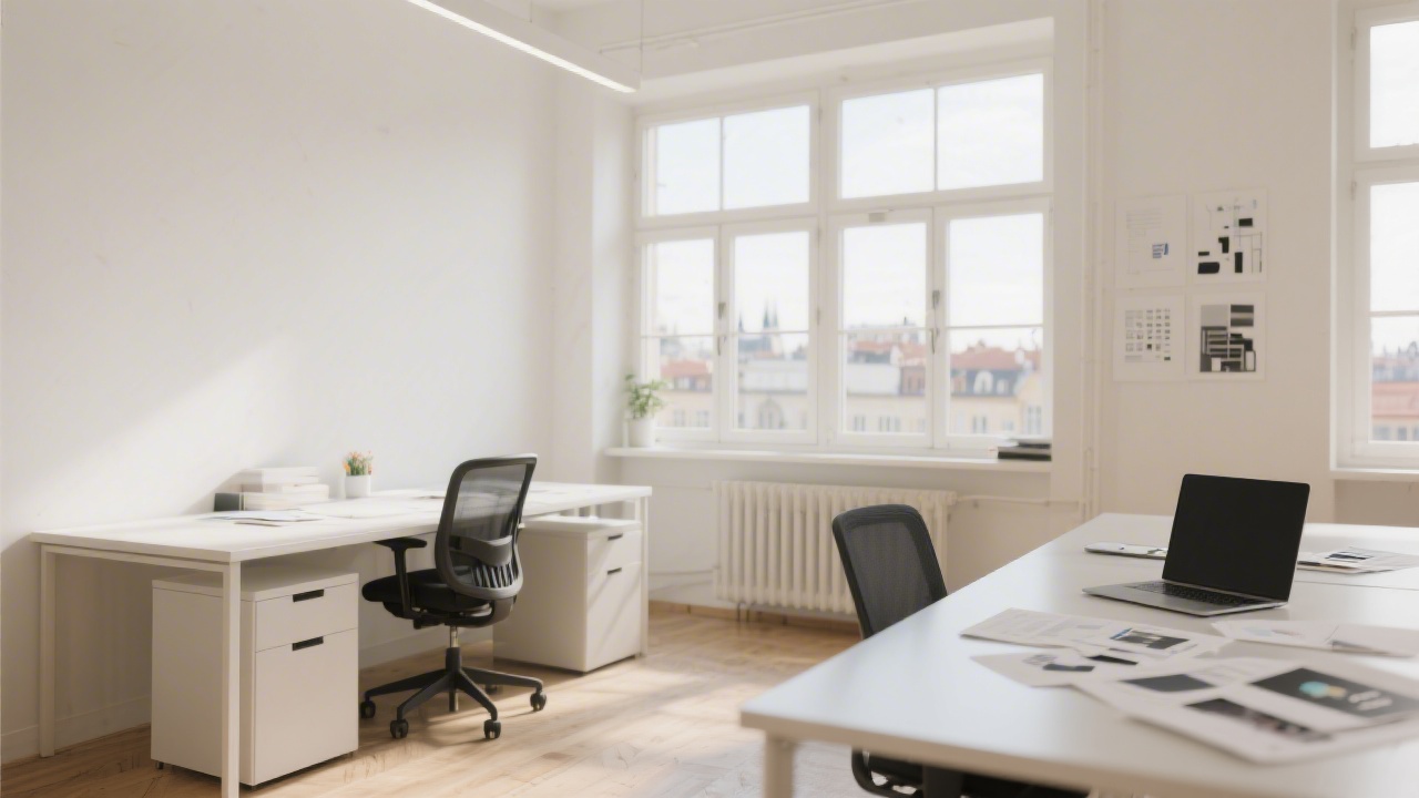 Bright Prague office interior with simple desks, laptop with design files, natural light through large windows and minimal decoration for a calm creative environment