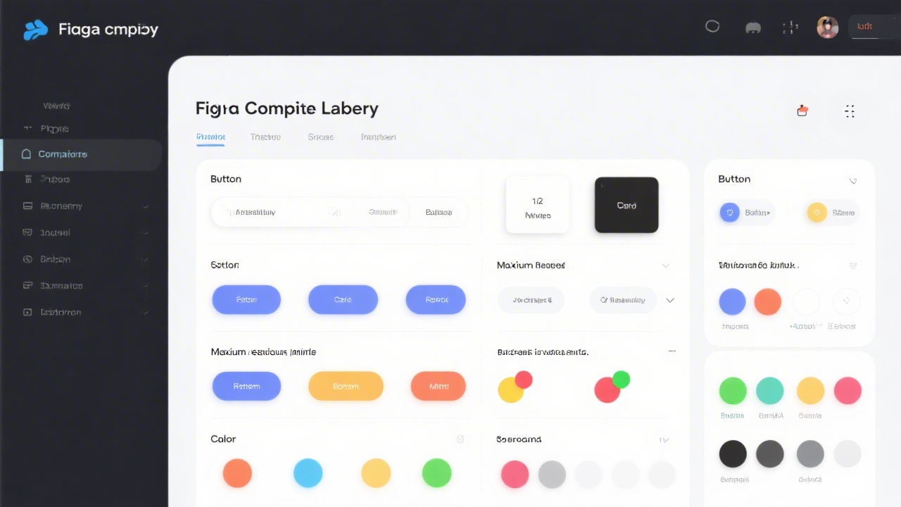 Close-up screenshot of a Figma component library with buttons, inputs, cards and color tokens arranged in a clean grid, showing names and variants