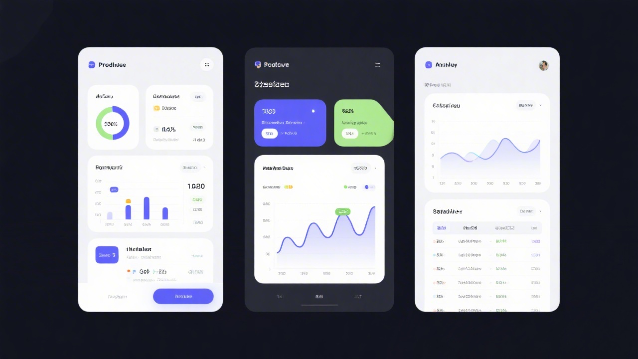 Three product UI screens displayed on a dark background showing dashboard widgets, charts and tables, with a clean SaaS aesthetic