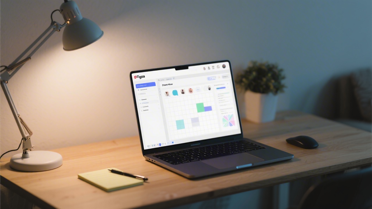 Modern workspace with laptop showing Figma interface, clean UI kit, grid layout, notes and pen on desk, calm lighting, realistic startup atmosphere for design sprint