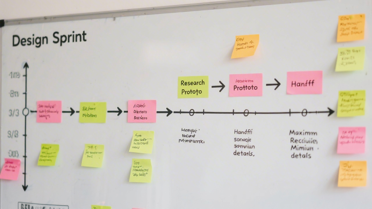 Design sprint timeline on a whiteboard with sticky notes, arrows and time blocks, showing steps from research to prototype and handoff