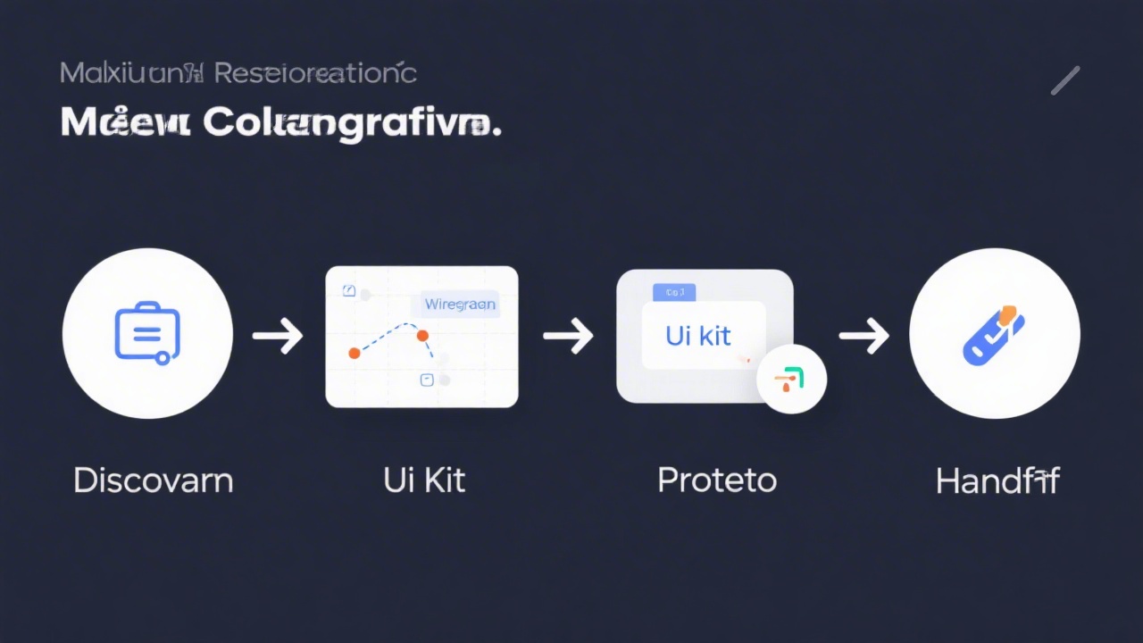 Diagram showing collaboration flow with steps discovery, wireframe, UI kit, prototype and handoff, illustrated with clean icons and arrows